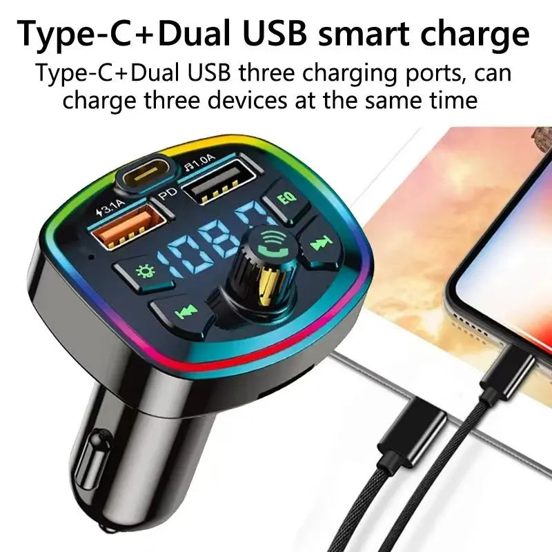 A compact black Bluetooth car charger with an FM transmitter is shown next to a smartphone cable.