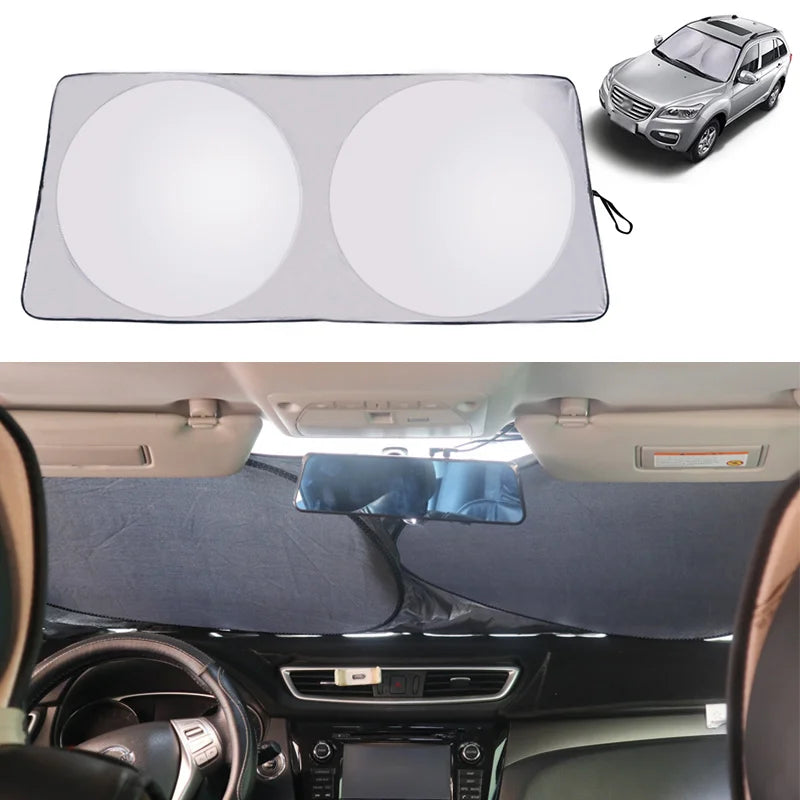 A folding car sunshade is shown next to a vehicle, demonstrating its fit and function for windshield UV protection.