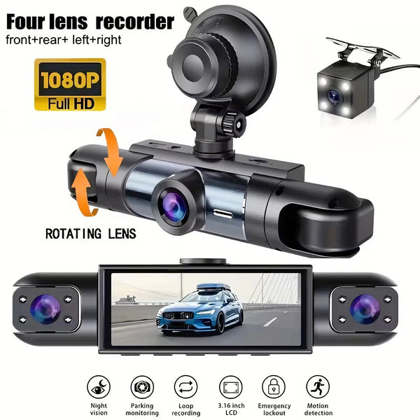 A black rotating lens dashcam camera system with a display showing a car and various features like night vision and parking m