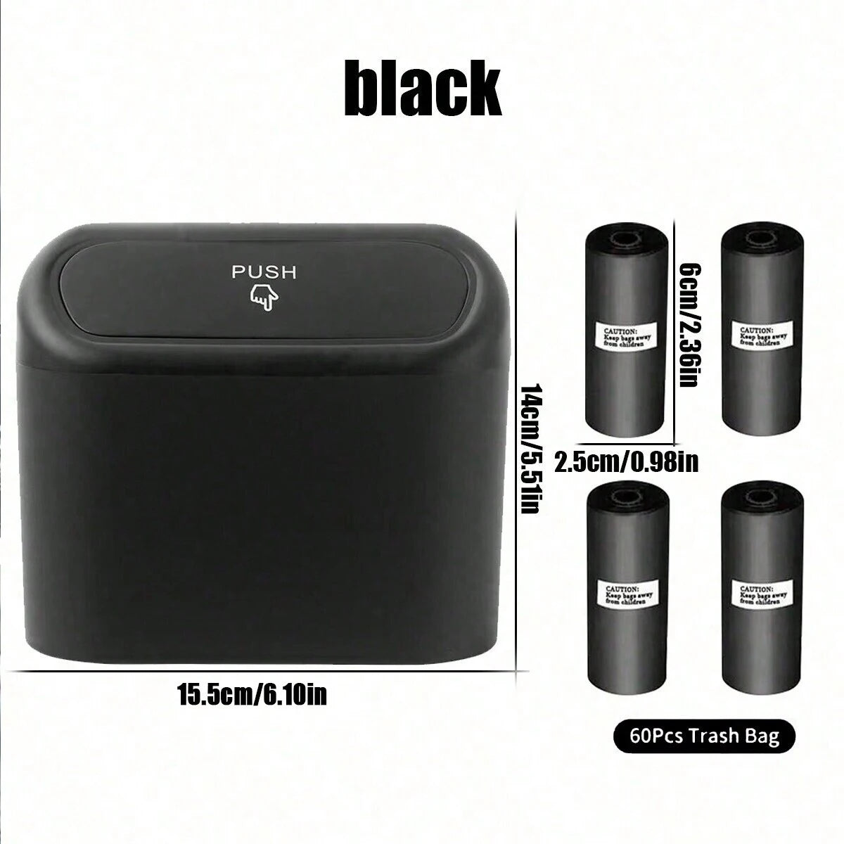 Black portable car trash bag with a push mechanism and hanging lid