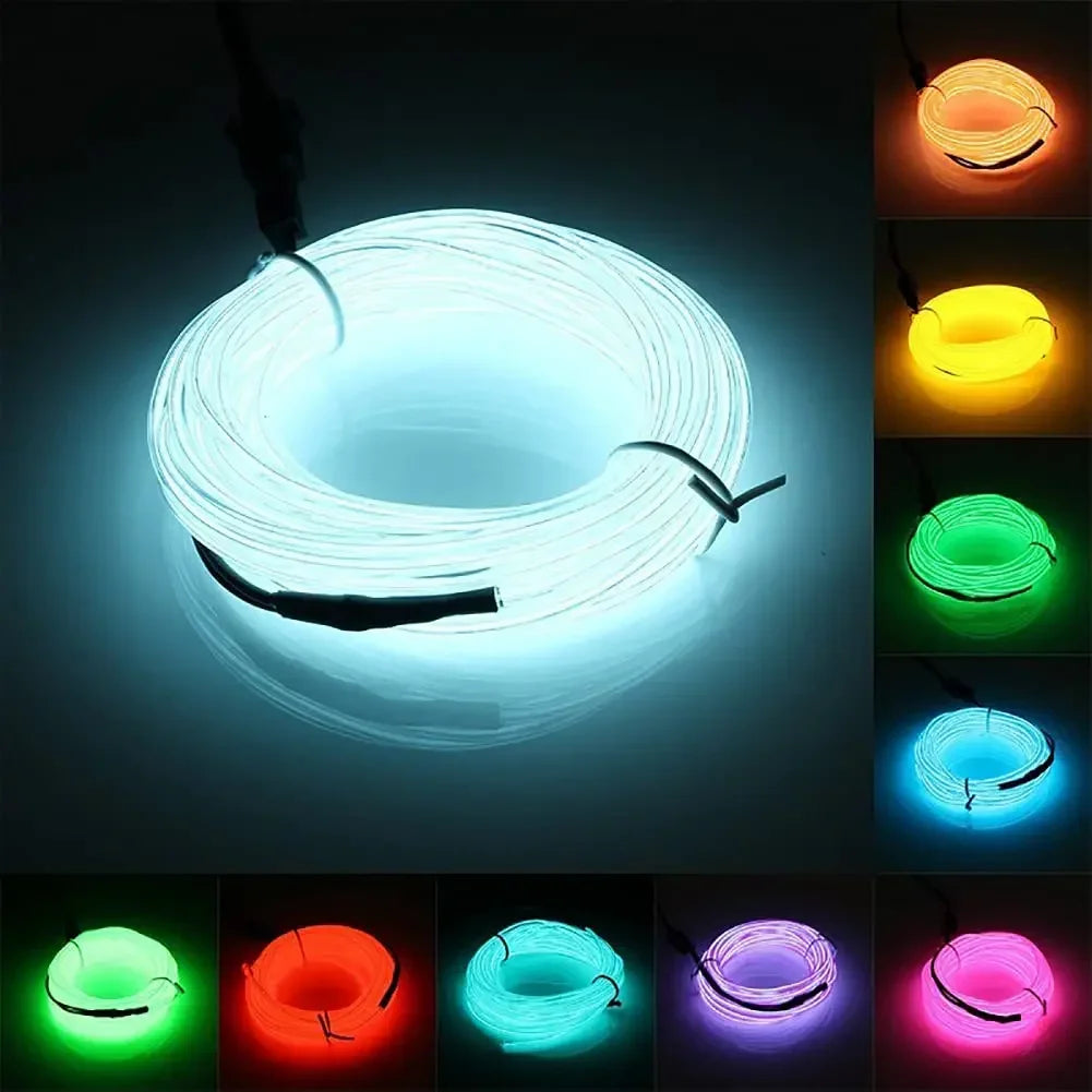 Une bande de lumière néon LED flexible dans diverses couleurs, y compris bleu, jaune, vert et violet, éclairant une forme cir