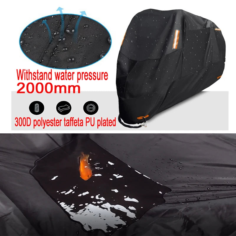 Black heavy-duty motorcycle protective cover with PU-plated taffeta material being tested against water pressure.