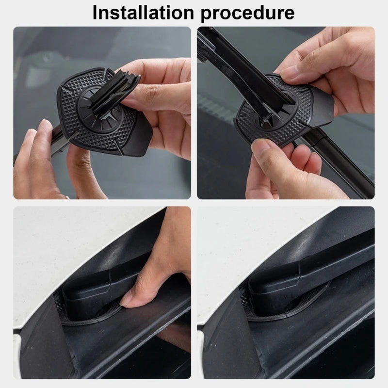 Installation procedure showing hands placing protective pads onto a car wiper arm.