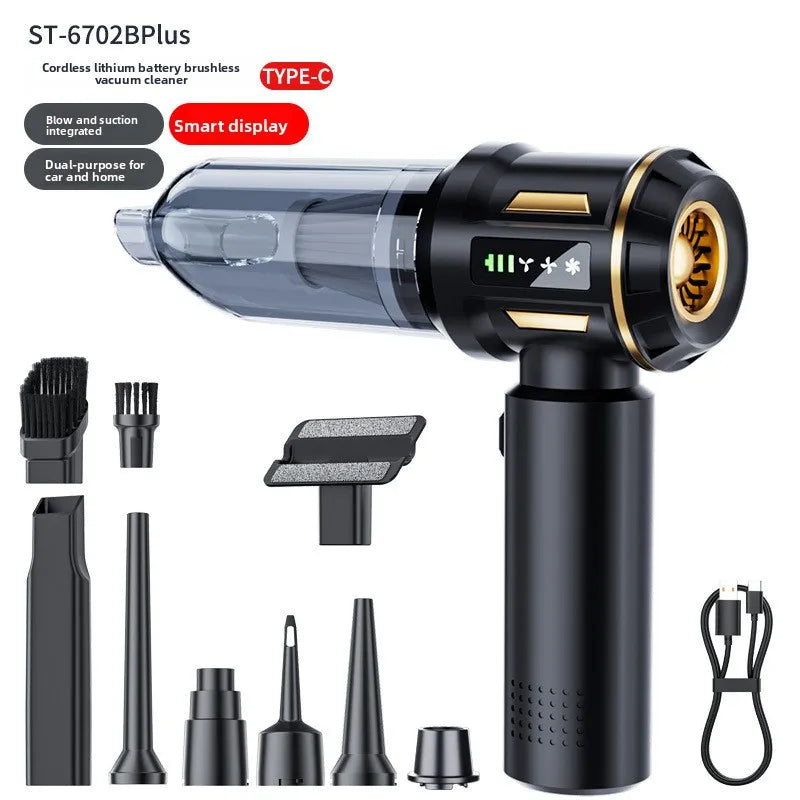 Black cordless handheld vacuum cleaner with various attachments and a charging cable