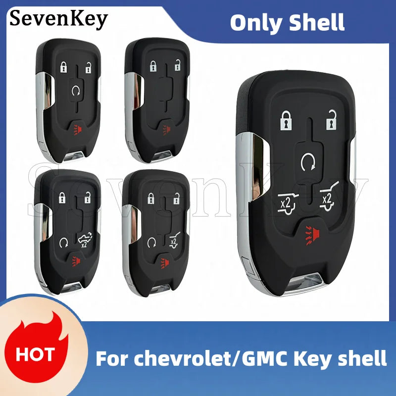 A set of black key shells for Chevrolet and GMC vehicles, shown in various angles.