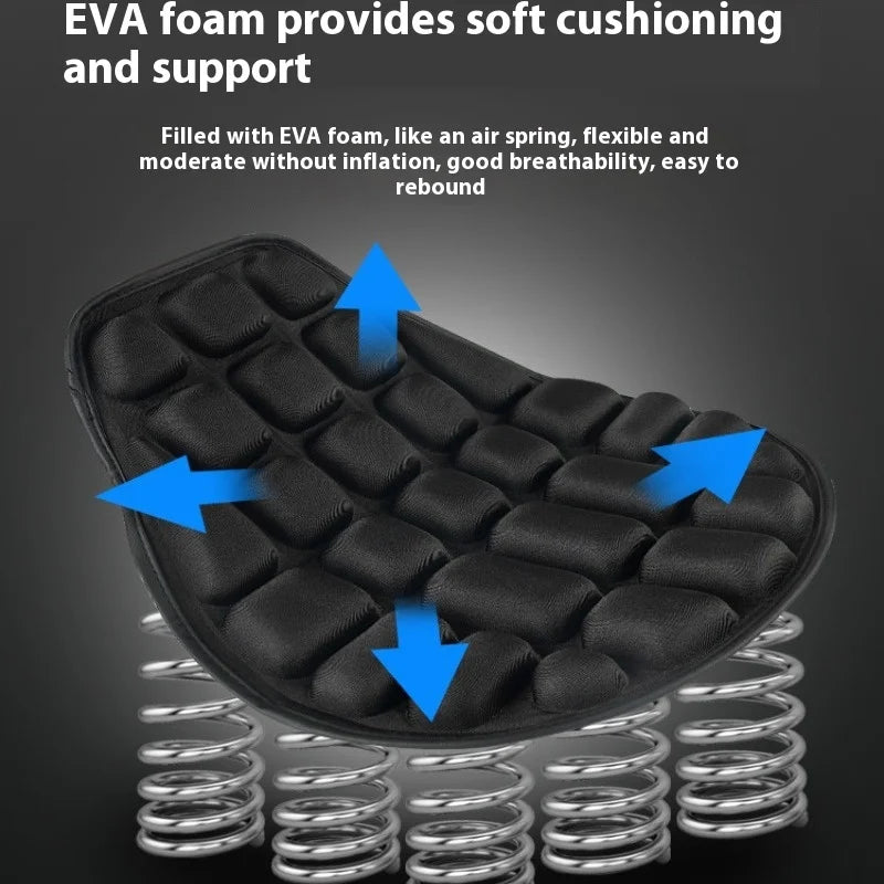 Black EVA foam motorcycle seat pad with a spring-like texture shown resting on coiled springs.