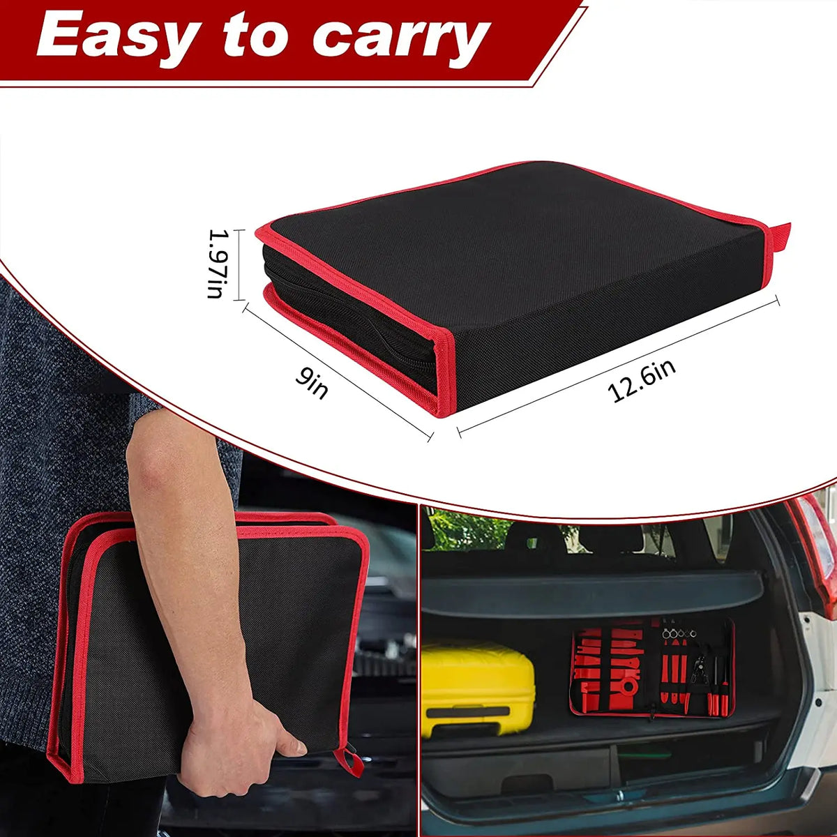 Un kit d'outils pour retirer les garnitures automobiles noir est tenu à la main et placé dans l'intérieur d'une voiture.