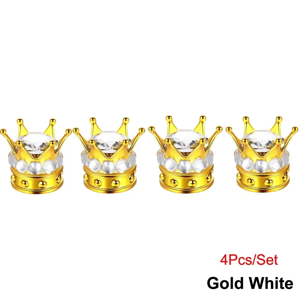 Set of four gold and white diamond rhinestone tire valve caps