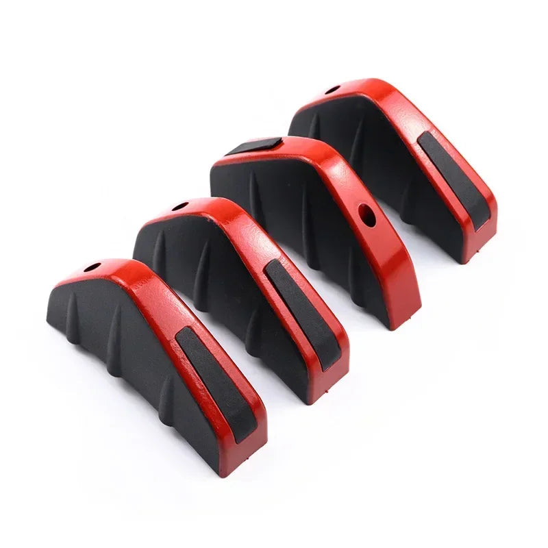A set of three black and red ABS plastic universal rear bumper spoiler lip kits.