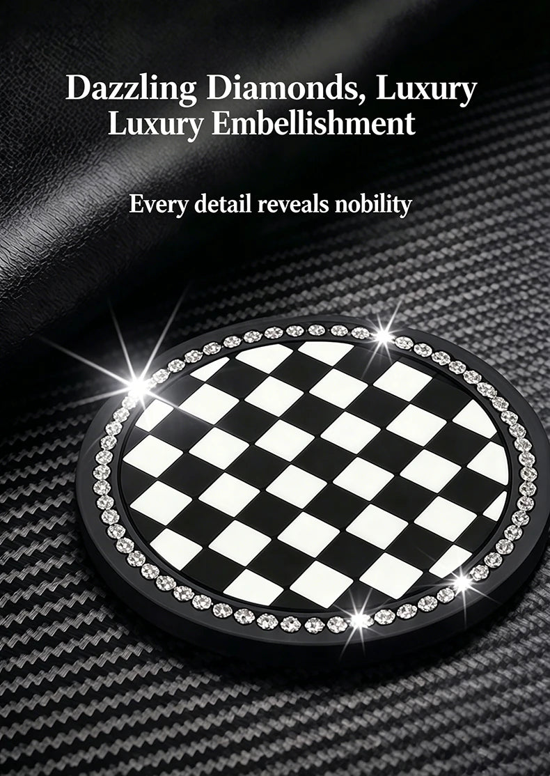 A black and white checkered diamond pattern coaster with a surrounding border of clear rhinestones on a textured surface.