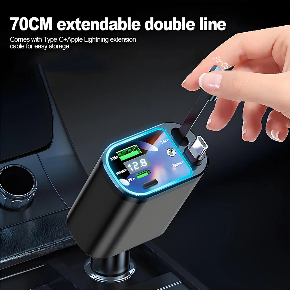 A hand holds a black retractable car charger with a digital voltage display, featuring a Type-C to Apple Lightning extension 
