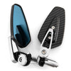 A pair of aluminum handlebar side motorcycle rearview mirrors with black carbon fiber housings.