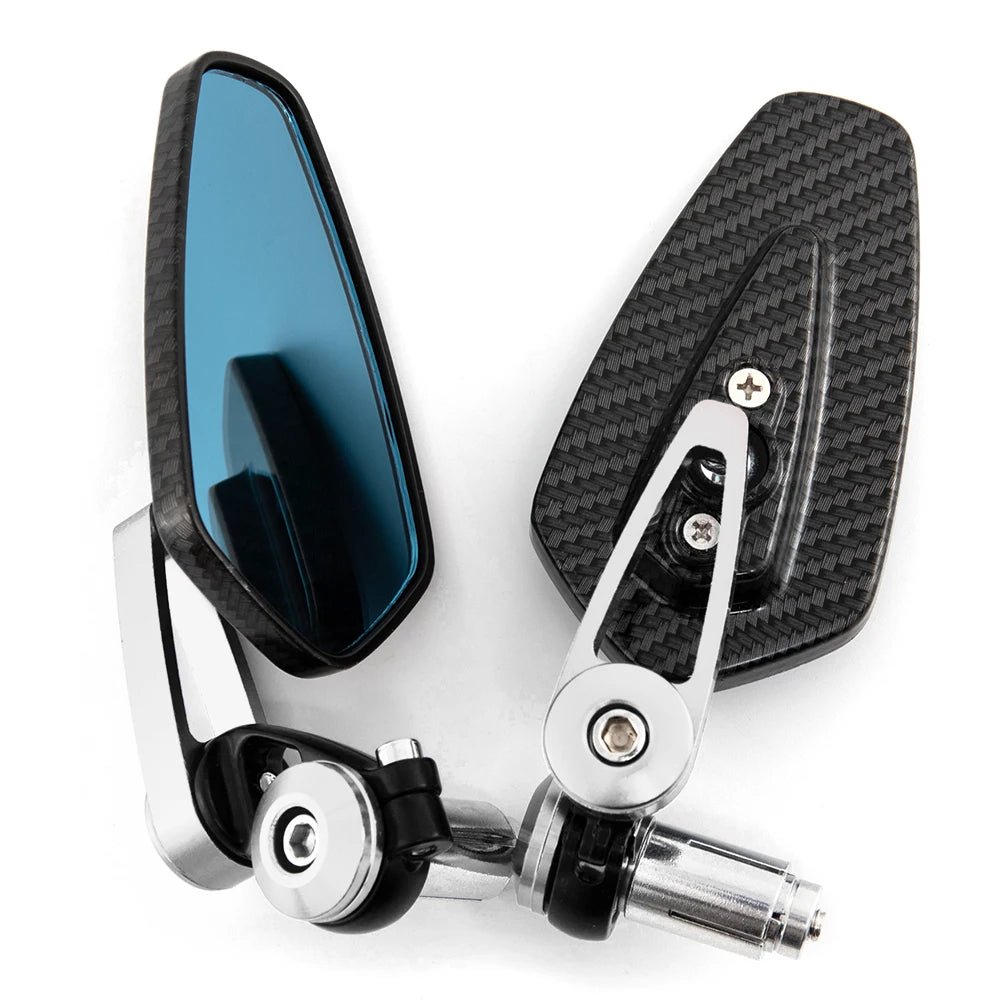 A pair of aluminum handlebar side motorcycle rearview mirrors with black carbon fiber housings.