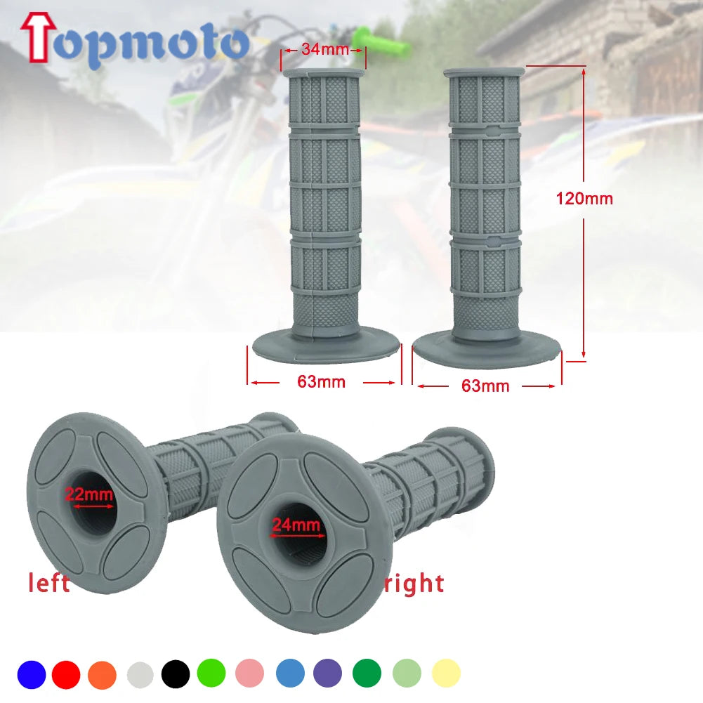 A set of gray gel rubber handlebar grips for dirt bikes shown with various color options.