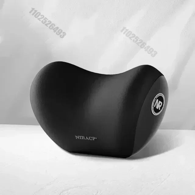 A black ergonomic memory foam neck and lumbar pillow set resting on a white surface.