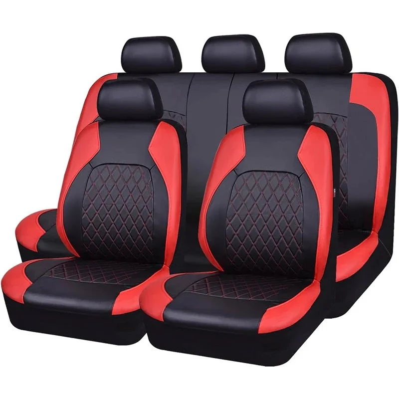 A set of five black and red PU leather car seat covers for a vehicle.