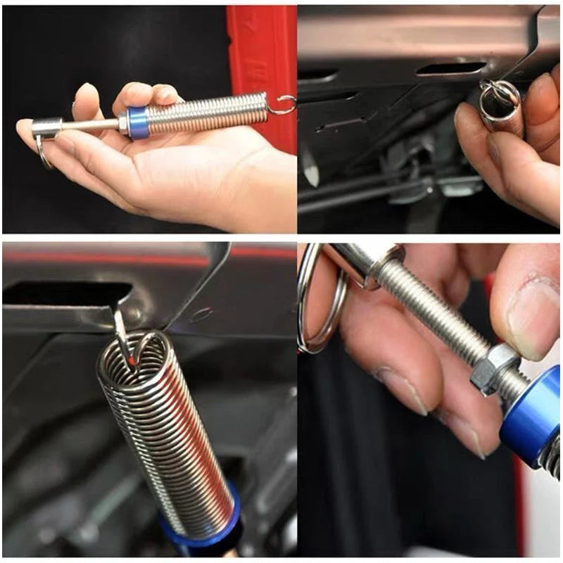 Close-up of an automatic car trunk lid lifter spring being installed or shown, featuring a silver coil and blue component.