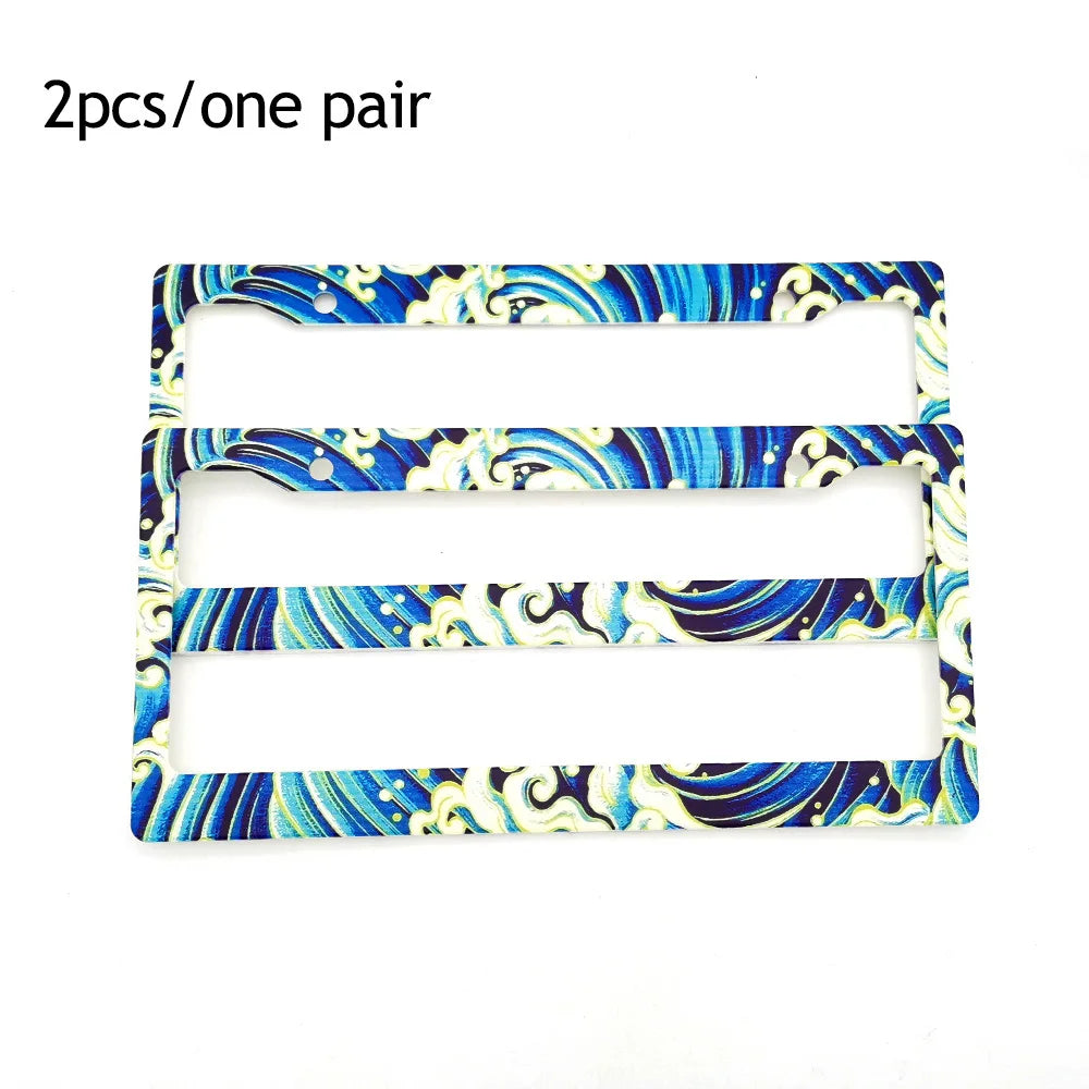 A pair of blue and white swirling pattern license plate frames for JDM racing style decoration.