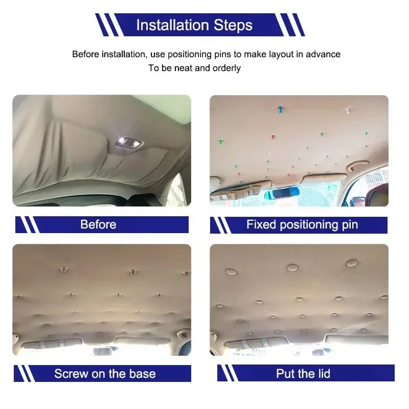 Installation steps showing how to install a universal car interior roof fixing buckle kit.