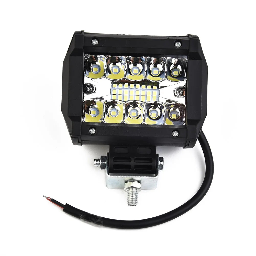 A black high-intensity LED off-road flood bar with multiple bright LED lights and a connector cable.