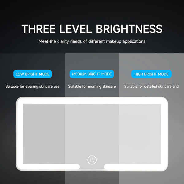 A display showing three brightness levels Low Medium and High Bright mode for a makeup mirror.