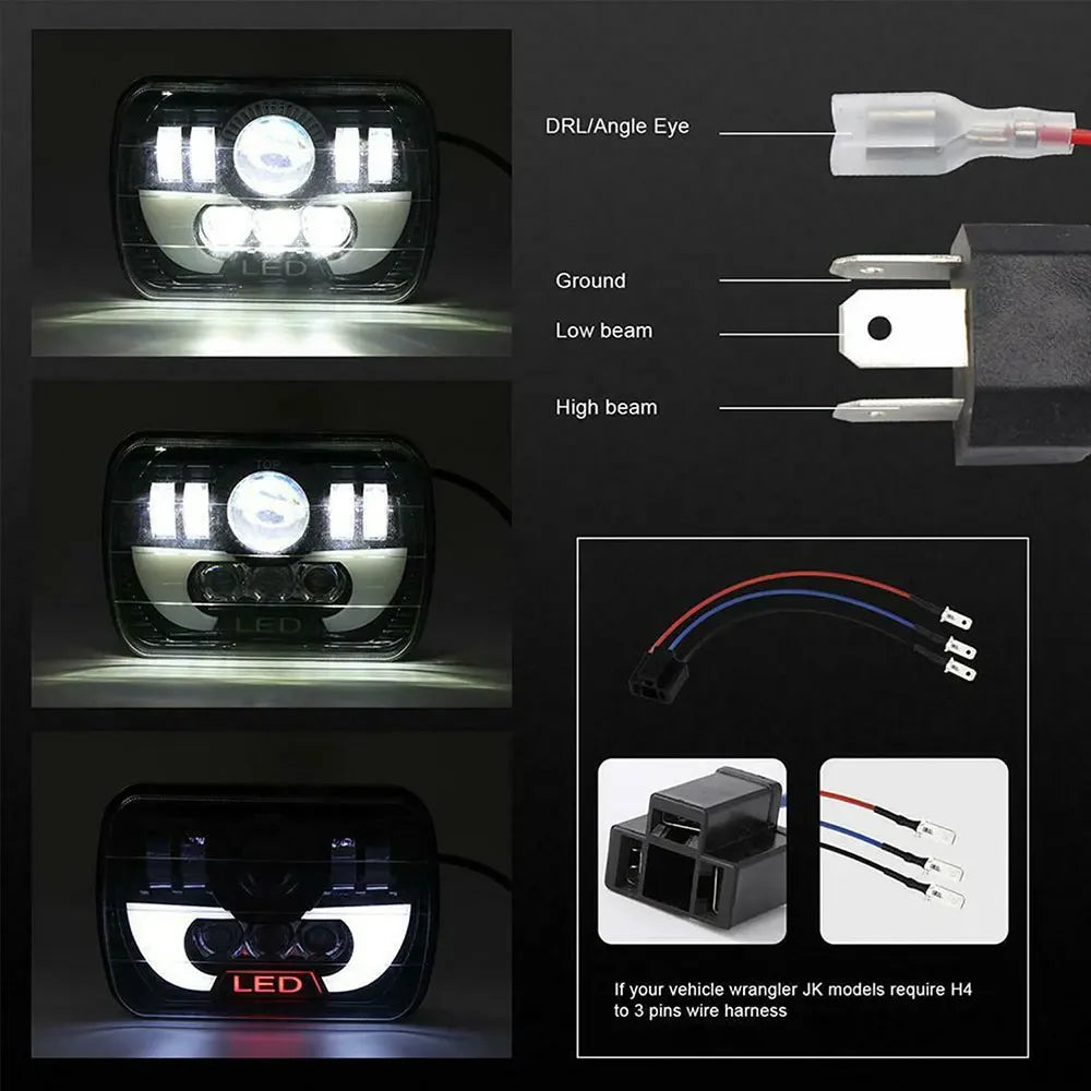 A square LED headlight assembly with DRL and low/high beam options and a wire harness for Wrangler JK models.
