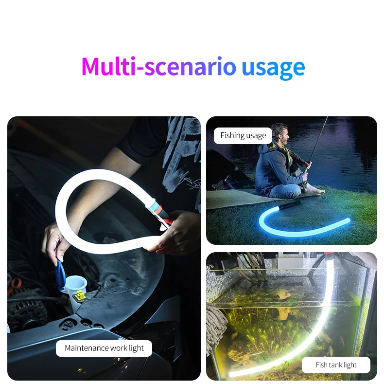 Multi-scenario usage of a flexible LED light, shown in automotive, fishing, and aquarium contexts.