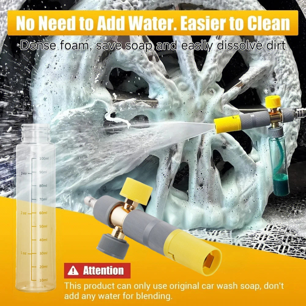 A high-pressure foam lance is shown spraying soapy water onto a white skull-like object for cleaning.