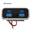 A black DC car charger adapter with a switch, featuring multiple 5V 3.1A output ports and a cable connector.