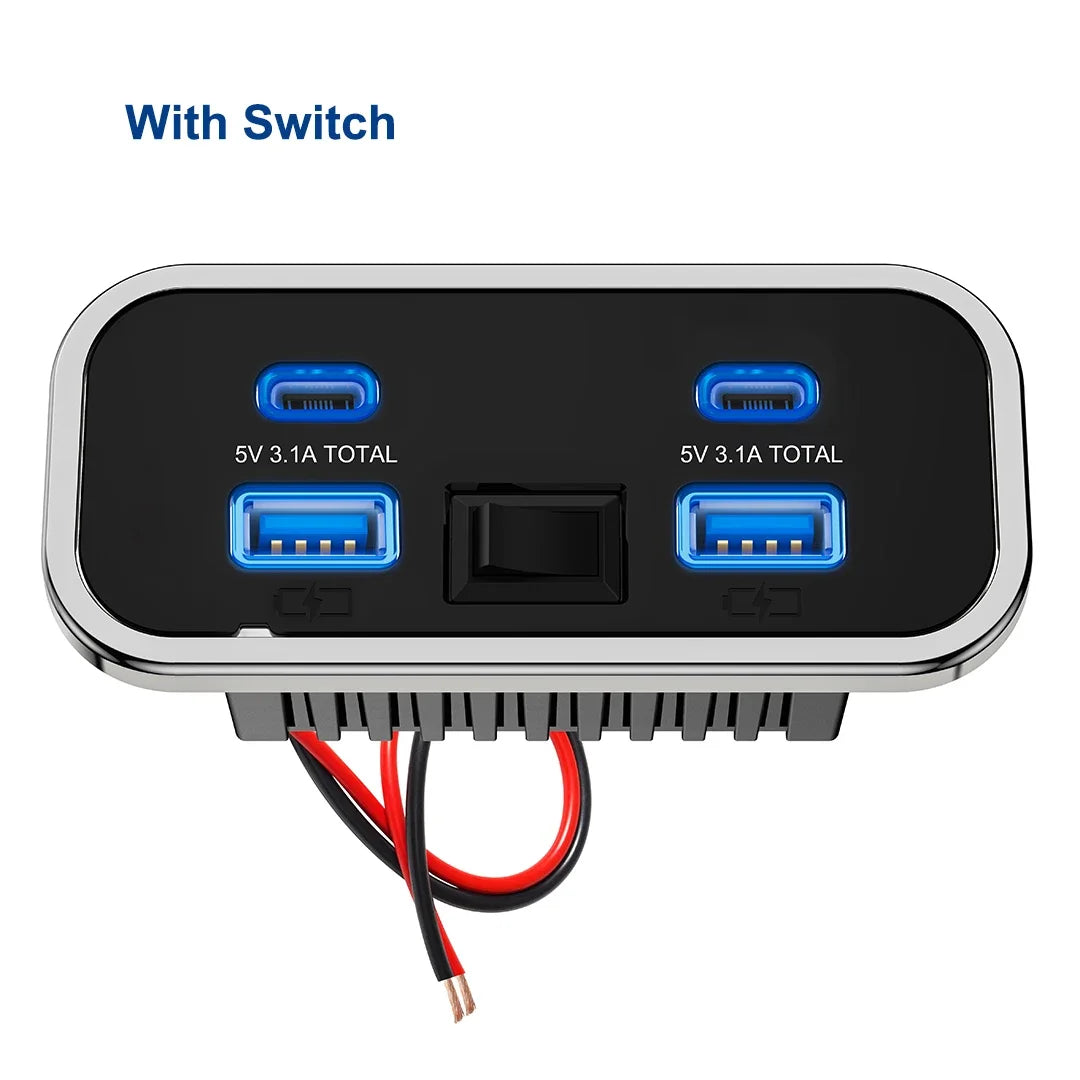 A black DC car charger adapter with a switch, featuring multiple 5V 3.1A output ports and a cable connector.