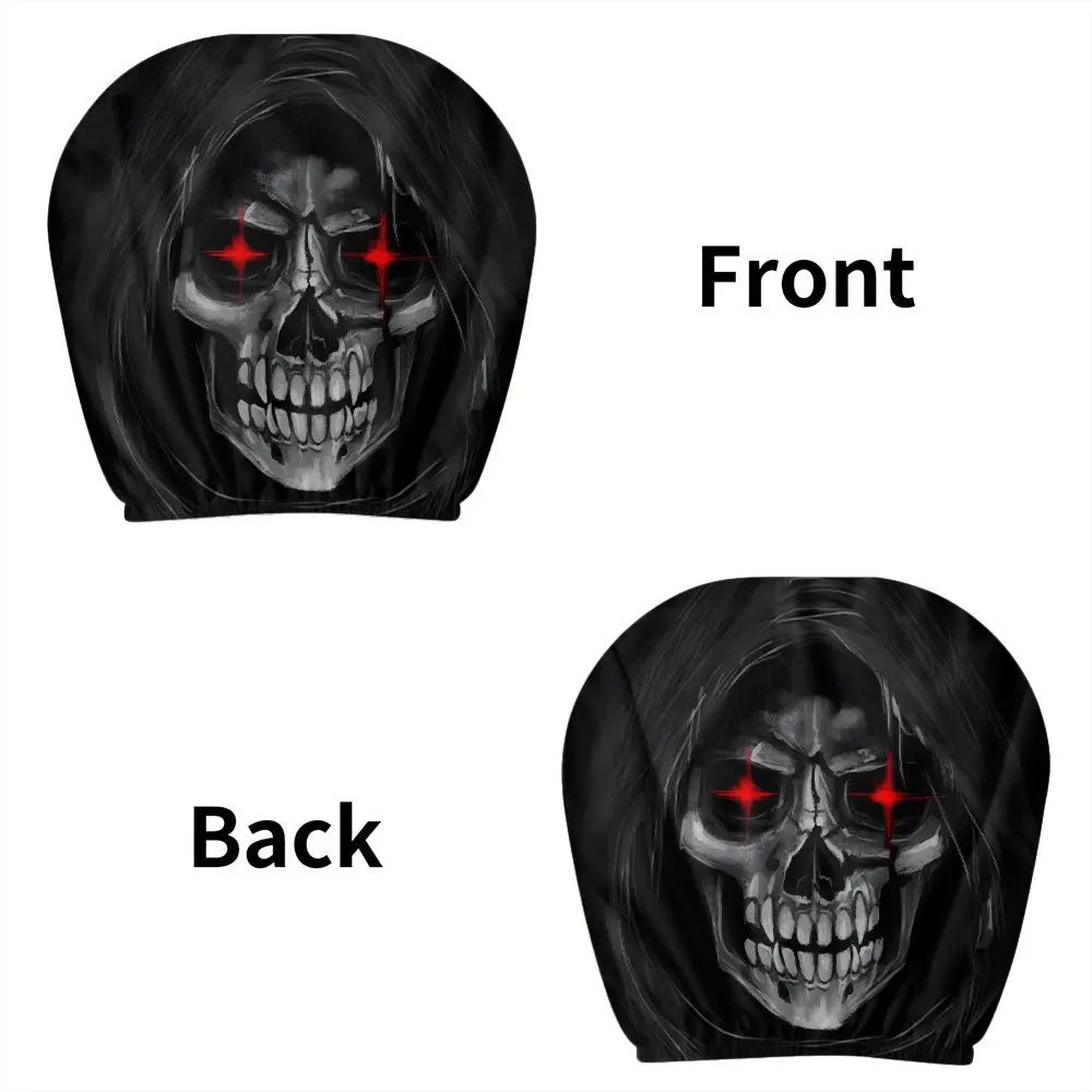 Vista frontal y trasera de un diseño de calavera negra para protector de reposacabezas de coche.