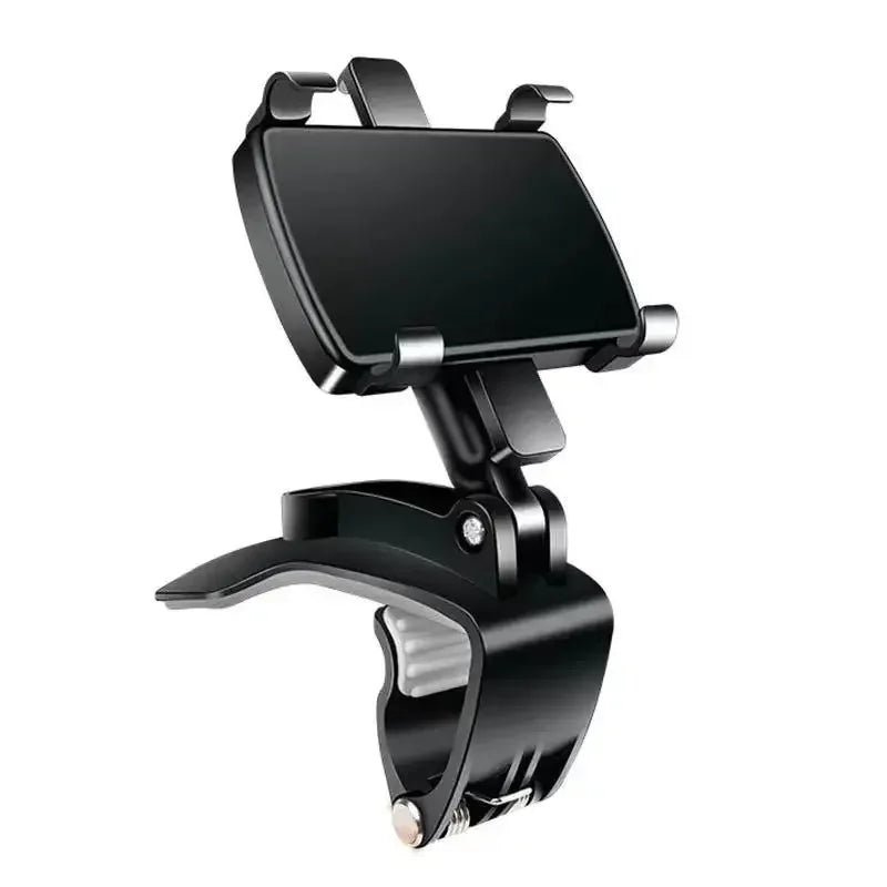 Black 360 degree rotation car dashboard phone mount with adjustable clamp.
