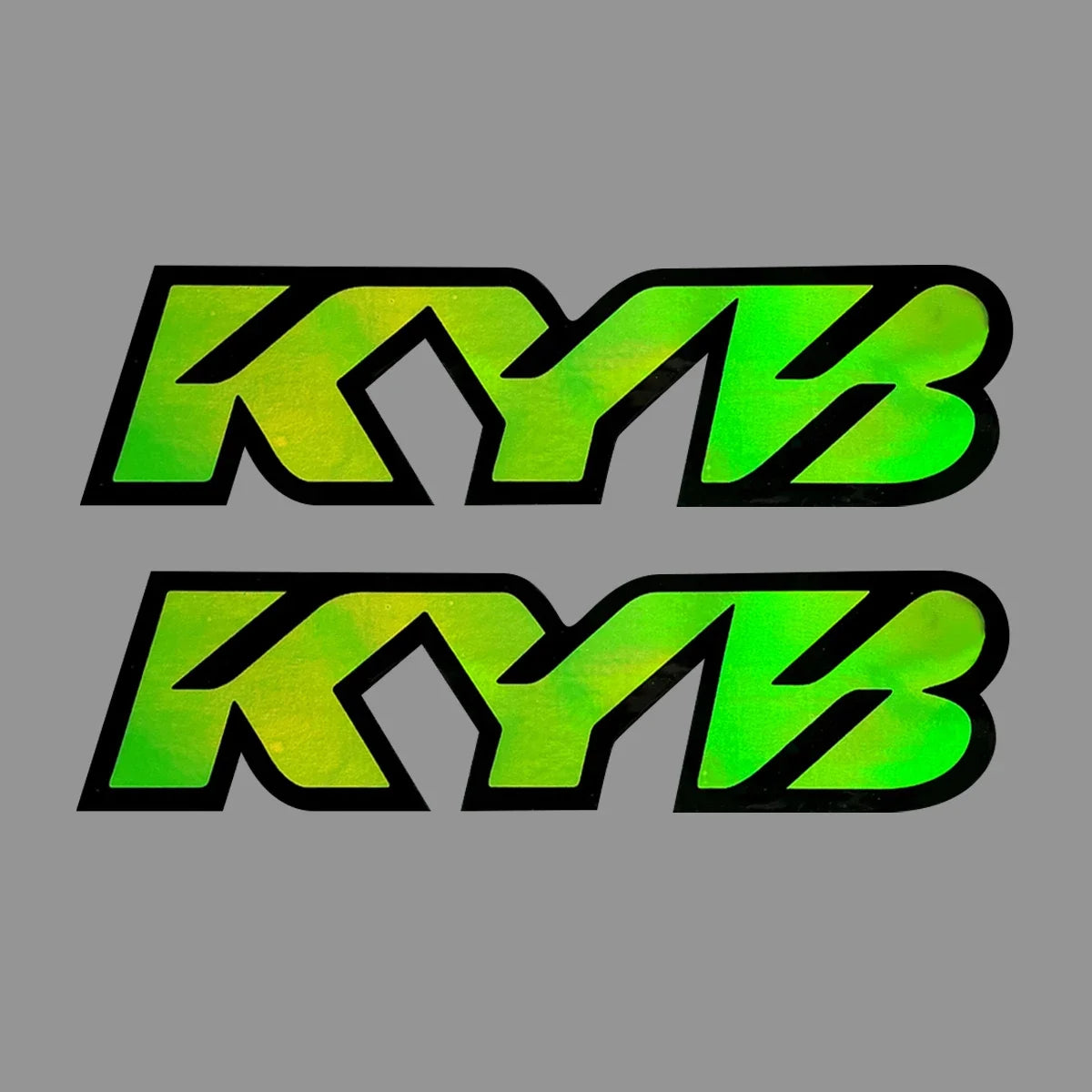 A graphic design featuring the letters KYB in a bright neon green color.