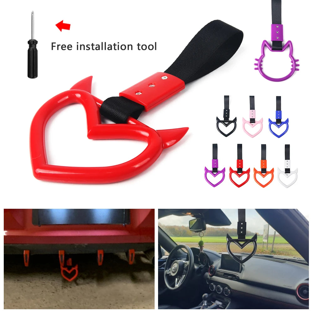A red car rear bumper warning strap and hand pull ring with a black installation tool shown in various contexts.