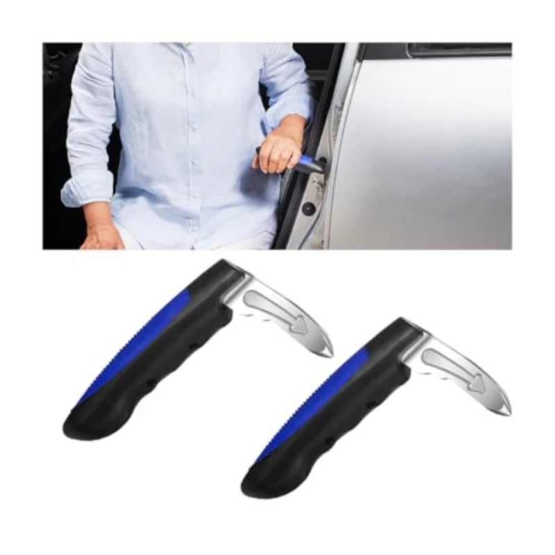 A close-up of a silver car door assist handle with a black and blue grip shown in use on a car door.