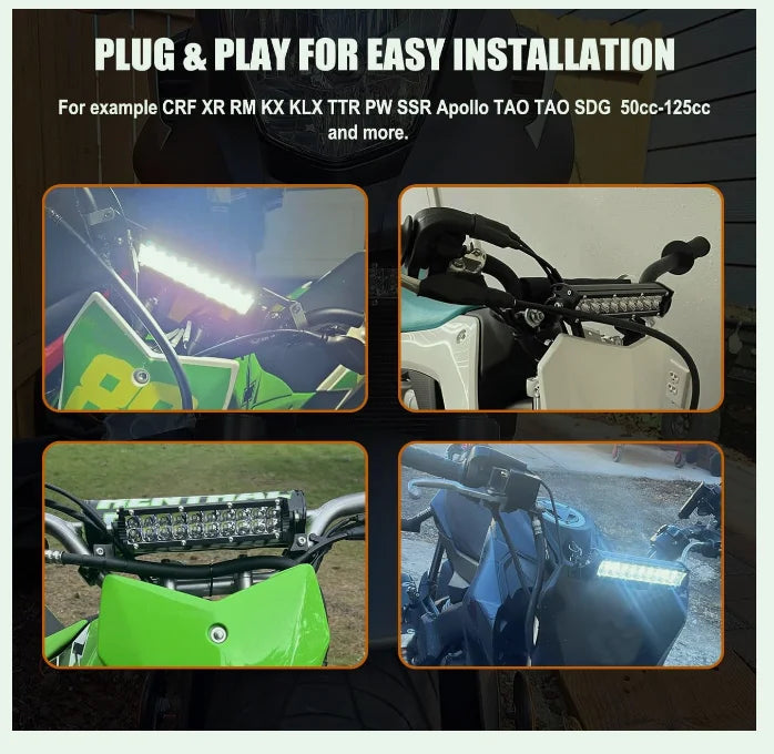 A display showing various motorcycle LED light bar kits for easy installation.