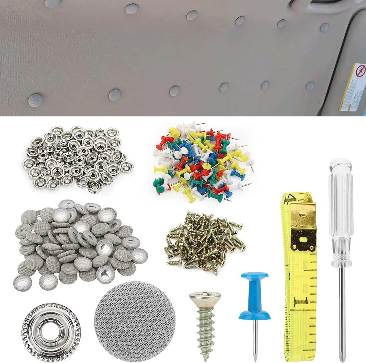 A collection of various metal fasteners including screw caps, nails, and cylindrical pins for car roof interior trim.