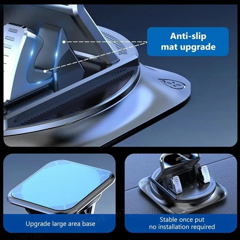 Nahaufnahme eines silbernen Handy-Halters mit rutschfestem Mat und großer Basis für stabile Montage.
