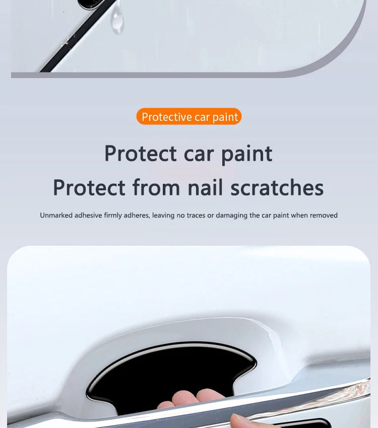 Protective car paint stickers applied to a car door handle to prevent nail scratches.
