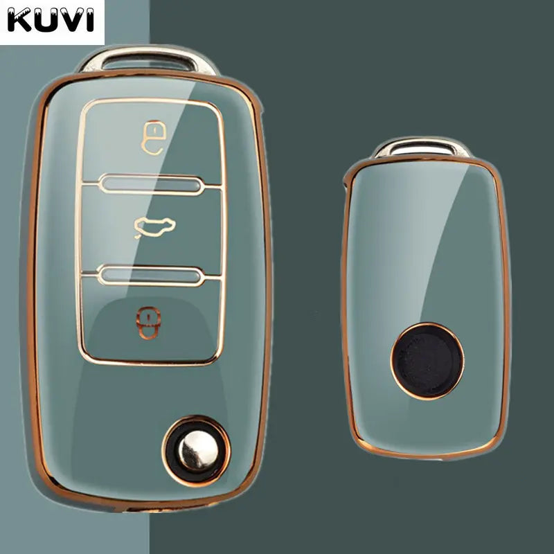 A close-up view of a light green TPU car key cover with gold accents and various buttons.
