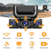 A black 4-camera 360 degree car DVR dash cam system showing various camera angles and features.
