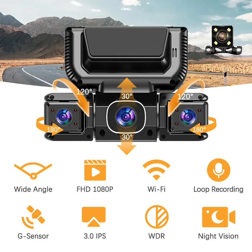 A black 4-camera 360 degree car DVR dash cam system showing various camera angles and features.