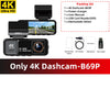 A black 4K dashcam with GPS and WiFi monitoring system shown next to its packing list.