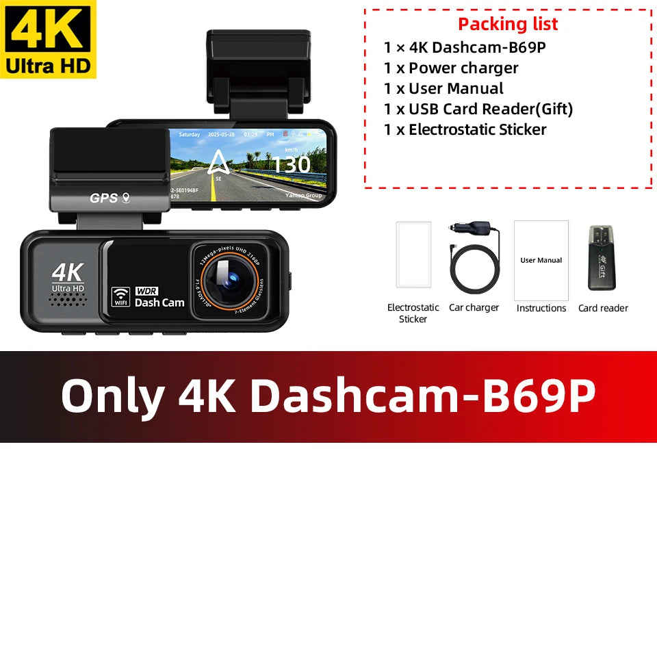 A black 4K dashcam with GPS and WiFi monitoring system shown next to its packing list.
