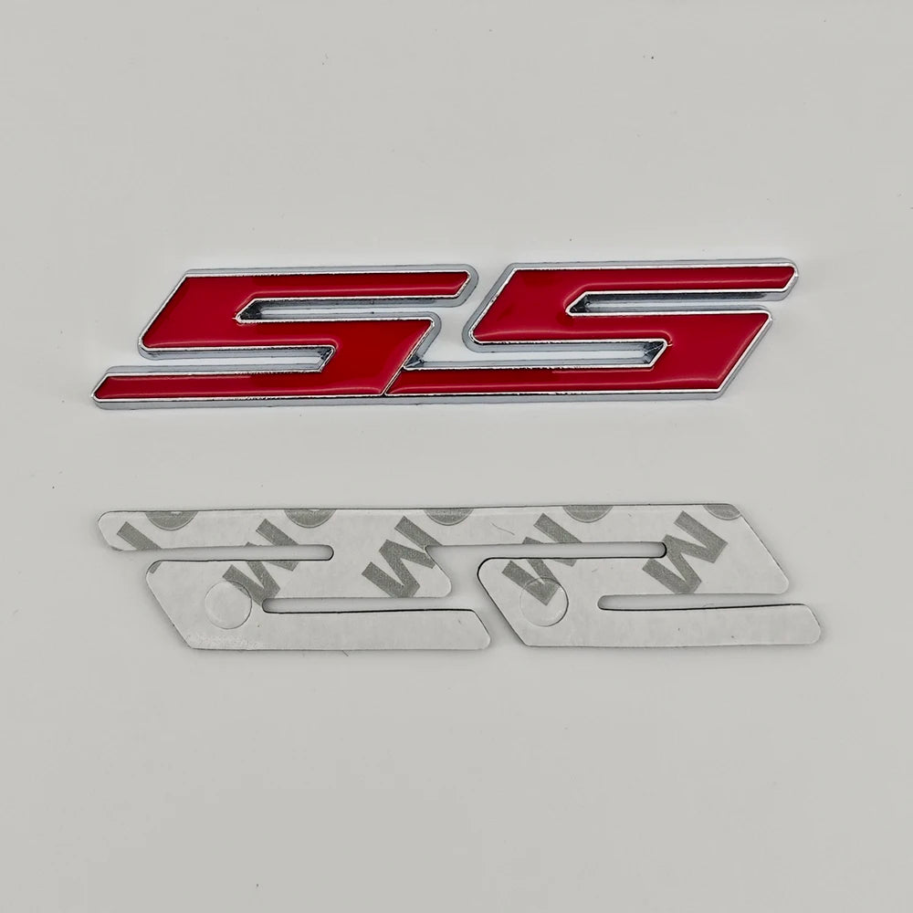A silver and red 3D metal SS/RS emblem badge for Chevrolet vehicles.