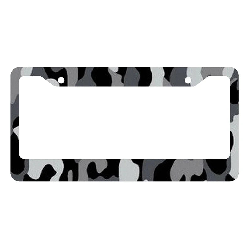 A black and gray camouflage pattern license plate cover with a rectangular cutout.
