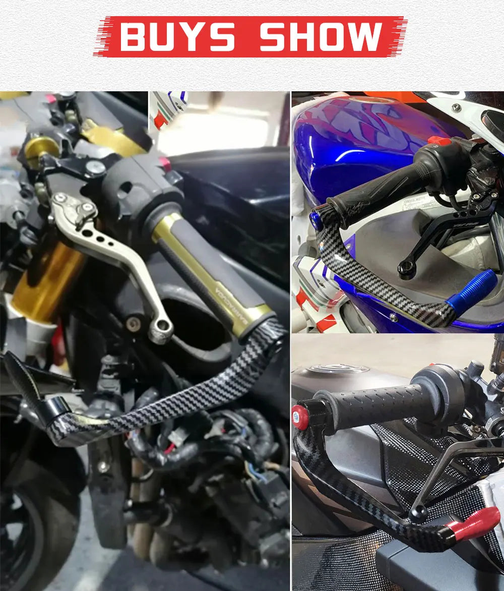 Close-up of a motorcycle lever and handguard protector set with black and gold components.