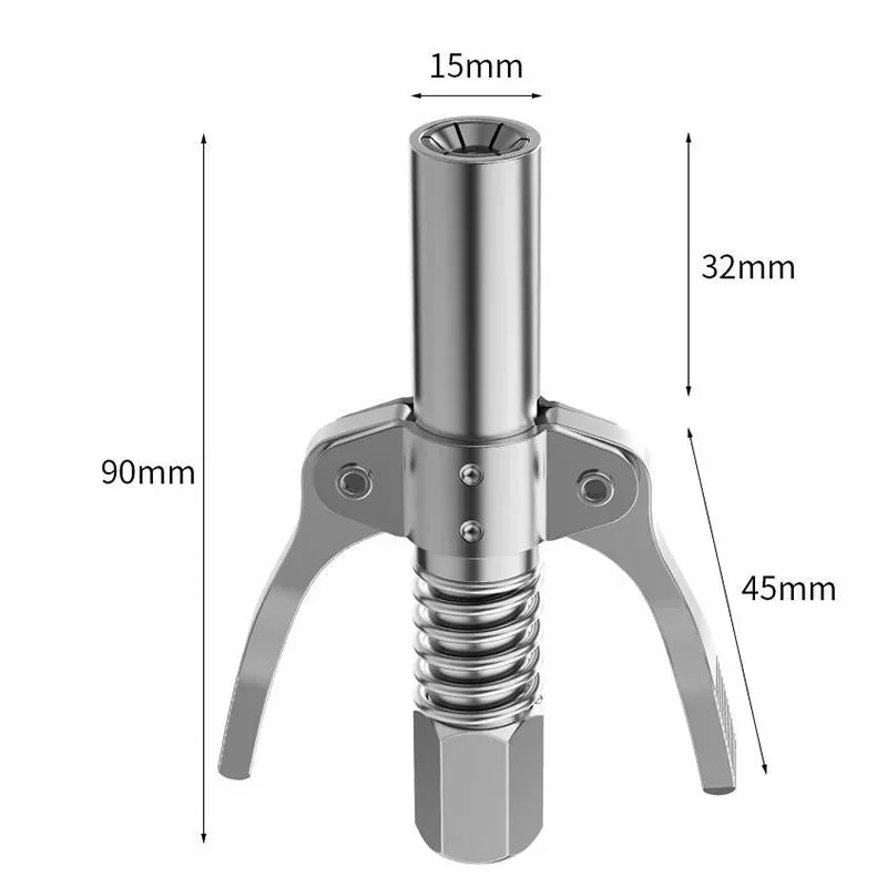 Coupleur d'outil robuste argenté avec arbre filetée et deux bras pour connecter des outils.