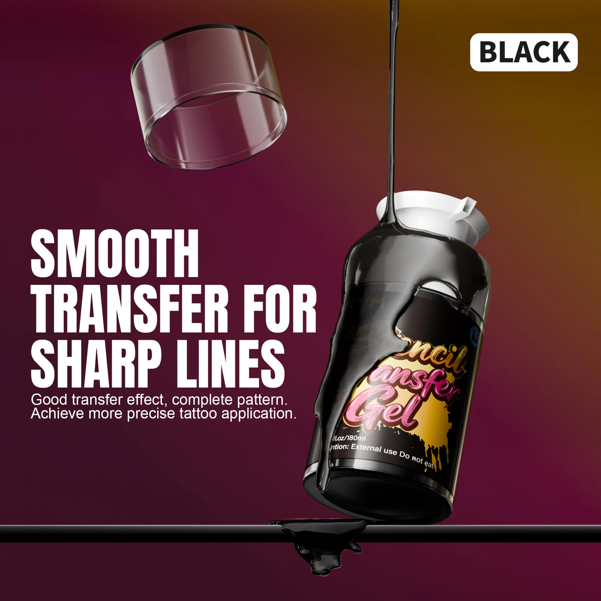 A black bottle of transfer gel for tattoos is shown with a clear silicone template above it.
