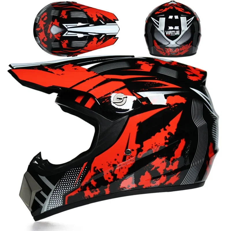 A black and red off-road safety helmet shown from the side, with a separate helmet piece visible above it.